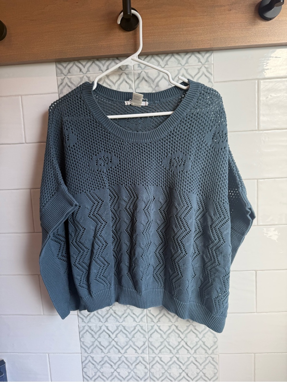 Willow & Clay Teal Open-Knit Crewneck Sweater